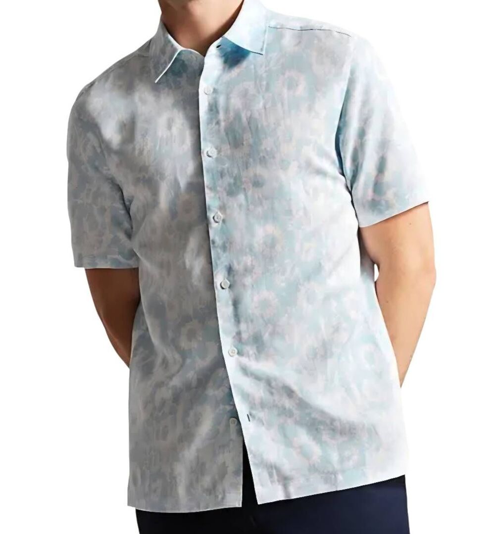 Ted Baker Shirt Men's Small Blue Short Sleeve Floral Linen Cotton Button